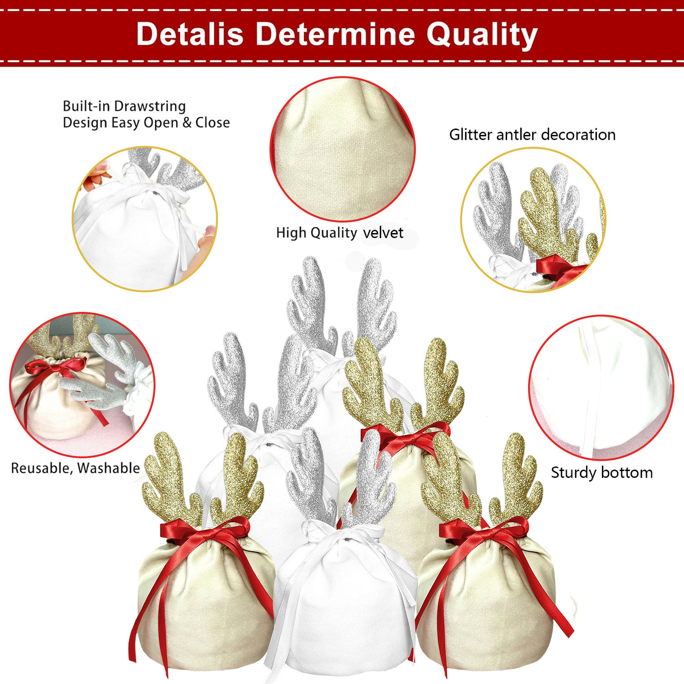 5 Pcs Christmas Antler Gift Bags
